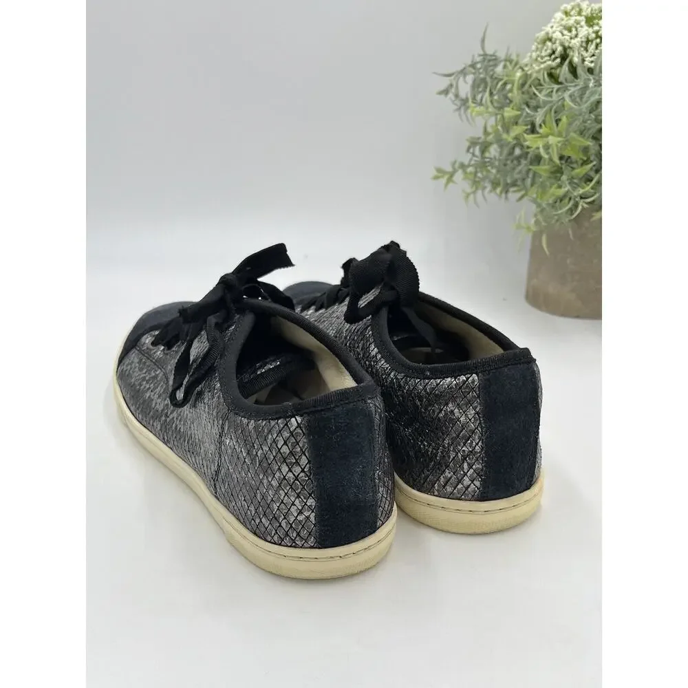 Lanvin Paris Black Pewter Calf Hair Leather Ribbon Lace Up Low-Top Sneakers Sz 7